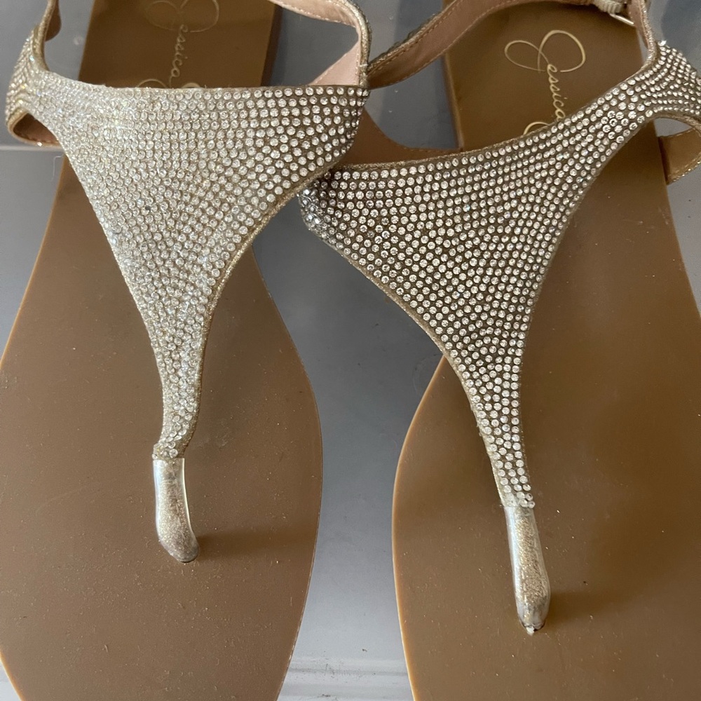 Jessica Simpson Gold T-Strap Rhinestone Flat Sandals